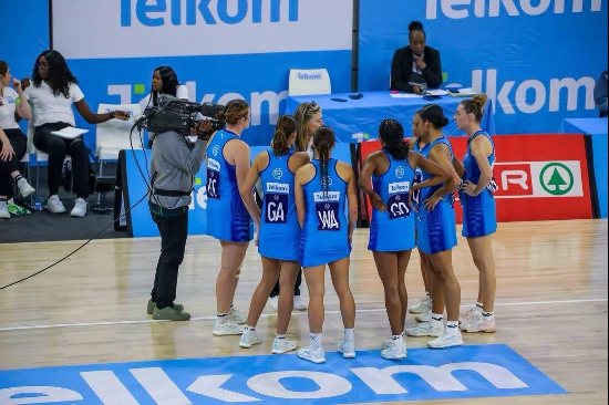 The Southern Stings players in a huddle on court during a Telkom Netball League match
